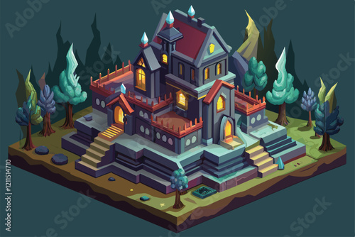 A spooky castle stands ominously with glowing windows and towering trees in a shadowy environment Horror castle Customizable Isometric Illustration