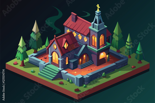 A spooky castle looms amidst shadowy trees, with glowing windows and a haunting atmosphere Horror castle Customizable Isometric Illustration