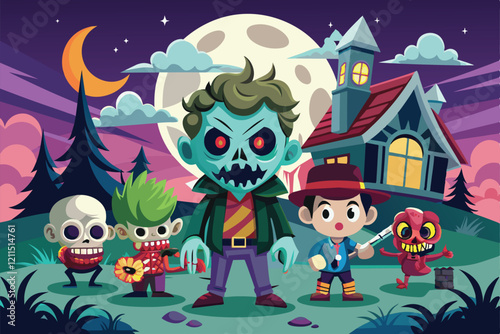 Four cartoon characters with horror themes gather in a moonlit setting near a haunted house Horror movie Customizable Cartoon Illustration