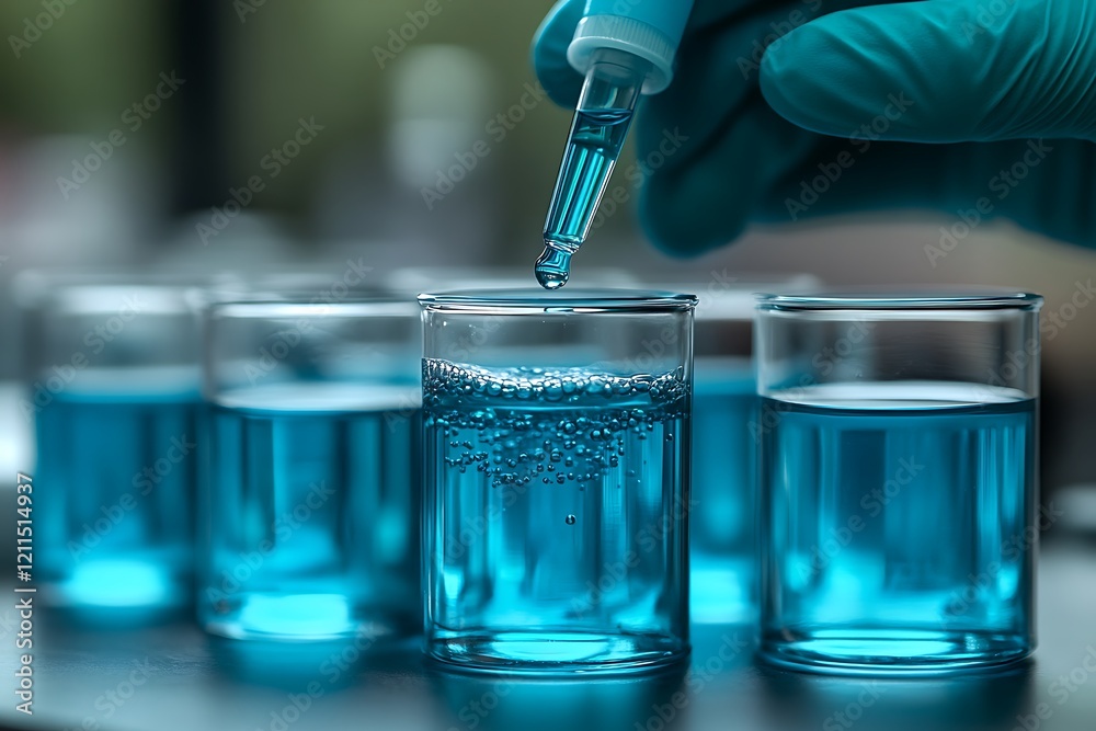 Scientist adding a reagent to a solution in a laboratory beaker during a controlled experiment. Scientist adding a reagent to a solution in a laboratory beaker during a controlled experiment.