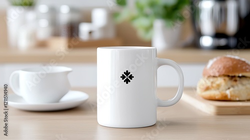 White Mug with Four Leaf Clover on Kitchen Table photo