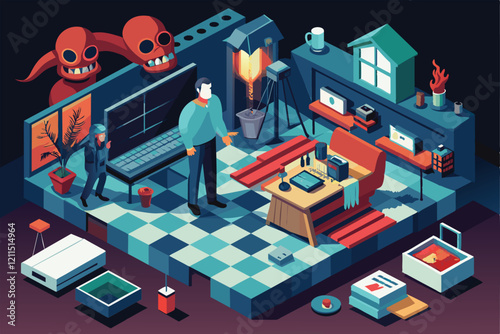 A person stands among unsettling decor, while an ominous presence lurks in a shadowy corner Horror movie Customizable Isometric Illustration