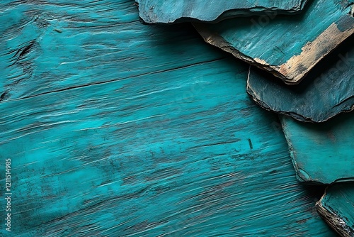 Teal blue painted wooden background with a stack of layered dark slate stones in the corner.