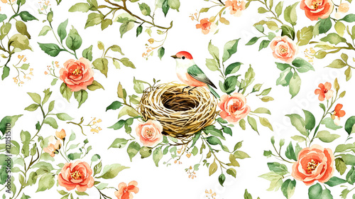 Watercolor Roses, Bird Nest, and Floral Seamless Pattern: Elegant Vintage Design photo