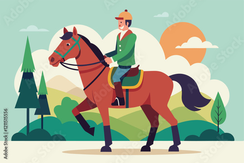 A rider on a horse explores a vibrant landscape with trees and rolling hills on a bright day Horseback riding Customizable Disproportionate Illustration