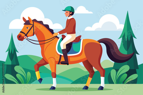 A horseback rider glides smoothly through vibrant green hills and trees under a clear blue sky Horseback riding Customizable Disproportionate Illustration