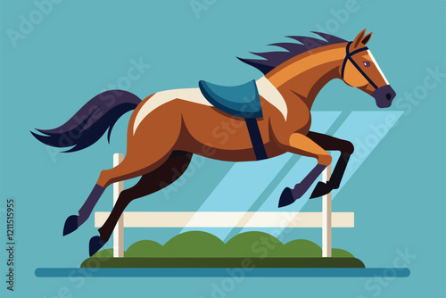 A brown horse leaps gracefully over a white fence while training Horse jumping Customizable Semi Flat Illustration