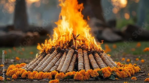 A beautiful outdoor celebration features a mesmerizing fire ritual, enhanced by a stunning array of vibrant flowers, all set against the backdrop of a breathtaking sunset