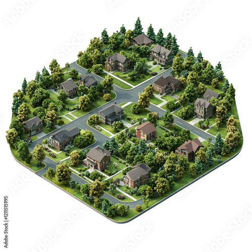 Detailed Aerial View of Suburban Neighborhood 3D Model on Transparent Background