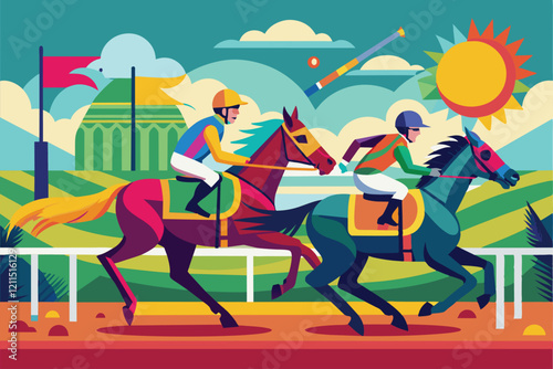 Two horses sprint alongside each other under a bright sun at a lively racing event Horse race Customizable Disproportionate Illustration