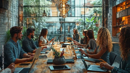 Collaborative workspace with individuals engaged in discussion and laptop work in a modern, plant-filled setting during the afternoon