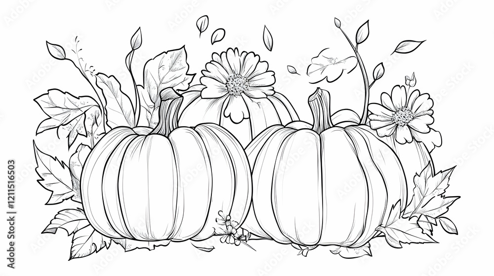 Autumn pumpkins with flowers and leaves, fall harvest design, coloring page Autumn pumpkins with flowers and leaves, fall harvest design, coloring page