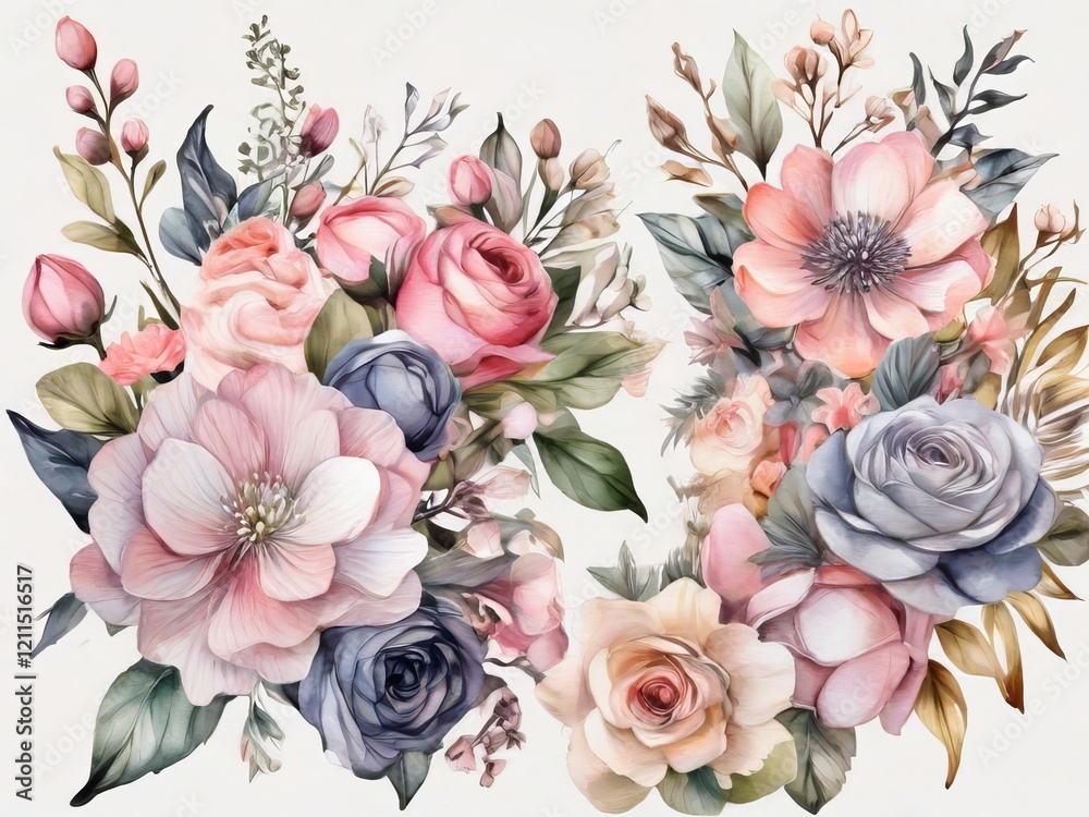 Fototapeta premium Watercolor floral bouquet Flower Bundle And colorful Romantic wedding invitation card flowers frame illustration Design