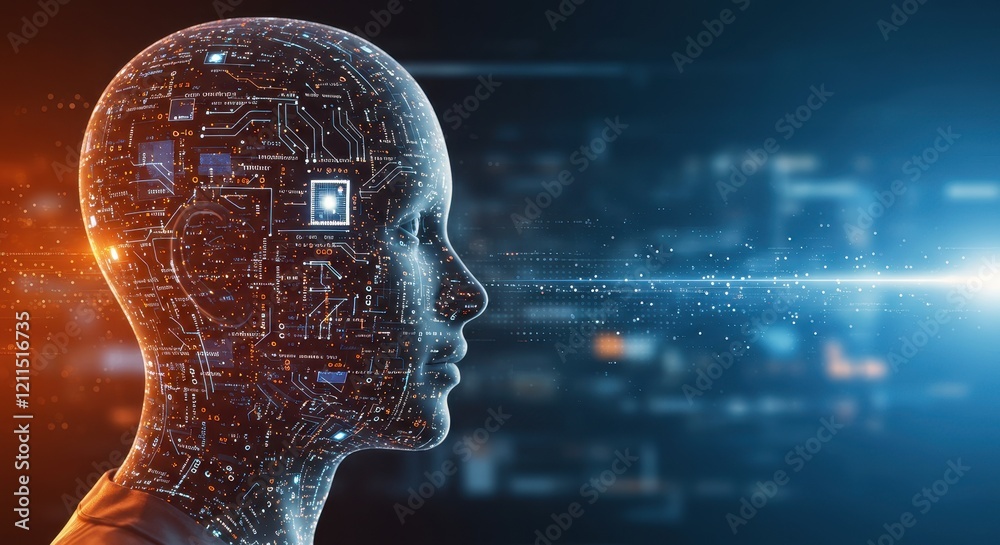 A digital concept of artificial intelligence featuring the side profile of a person blended with glowing digital patterns and lines of code A digital concept of artificial intelligence featuring the side profile of a person blended with glowing digital patterns and lines of code