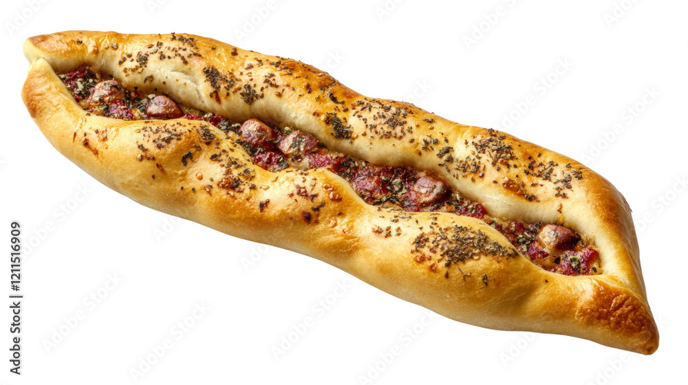 A savory baked bread filled with a rich tomato and meat mixture, sprinkled with herbs and spices. A savory baked bread filled with a rich tomato and meat mixture, sprinkled with herbs and spices.