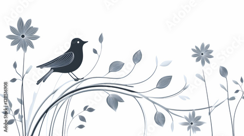 Bird perched on stylized floral branch, nature background; design element