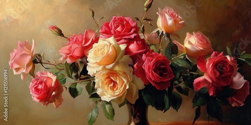 Vibrant bouquet of classic pink and cream roses arranged artistically in an elegant vase against a soft golden background.