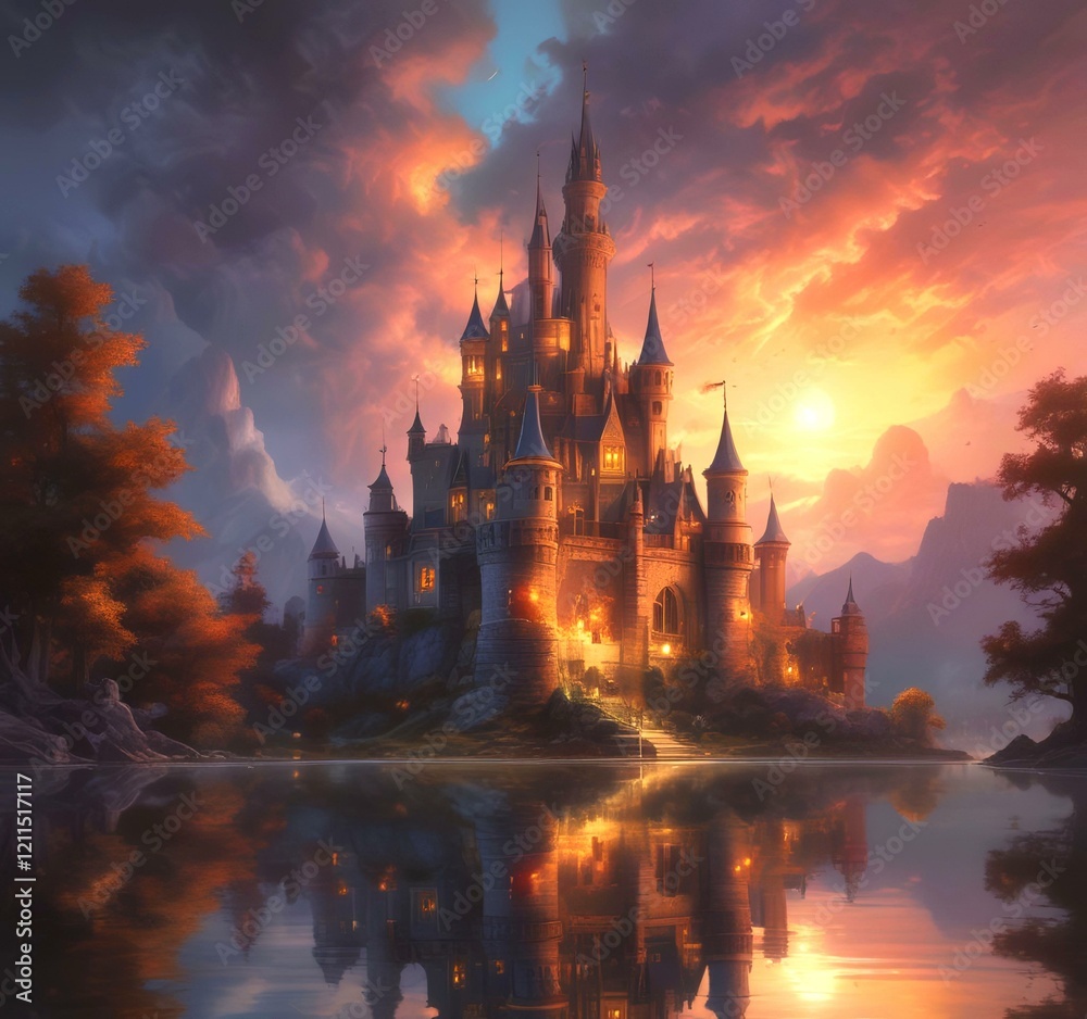 Obraz premium Illustration of glowing mystery tower castle in night.