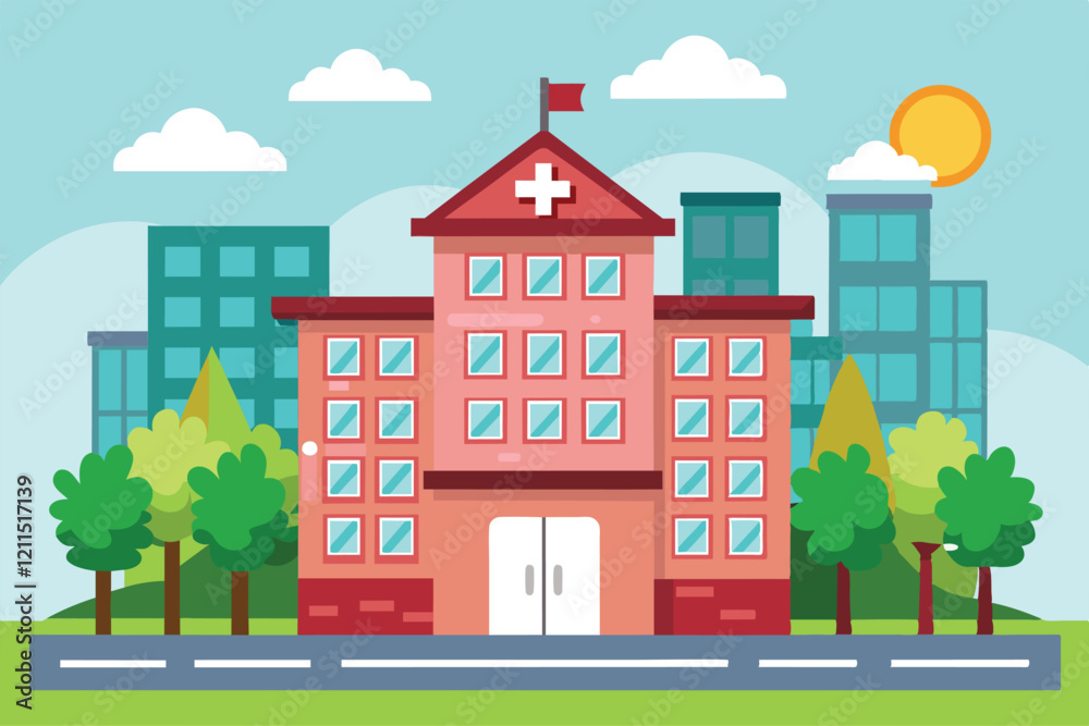 A cheerful cartoon hospital building surrounded by trees and tall buildings under a sunny sky Hospital building Customizable Cartoon Illustration A cheerful cartoon hospital building surrounded by trees and tall buildings under a sunny sky Hospital building Customizable Cartoon Illustration
