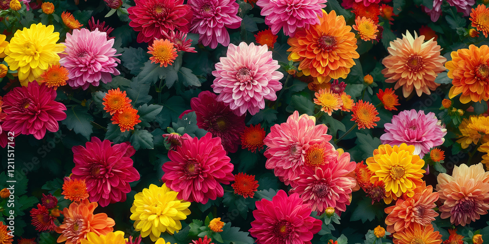 Colorful Chrysanthemums in Full Bloom in a Garden during Autumn Season Colorful Chrysanthemums in Full Bloom in a Garden during Autumn Season