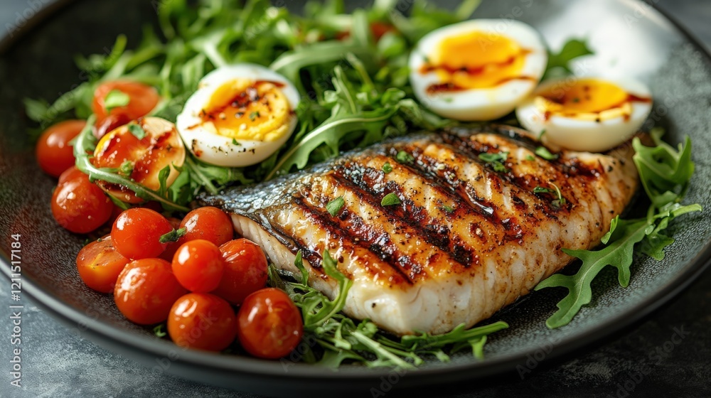 Vibrant plate featuring smoked mackerel, soft-boiled eggs, and fresh salad Vibrant plate featuring smoked mackerel, soft-boiled eggs, and fresh salad