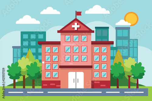 A cheerful cartoon hospital building surrounded by trees and tall buildings under a sunny sky Hospital building Customizable Cartoon Illustration