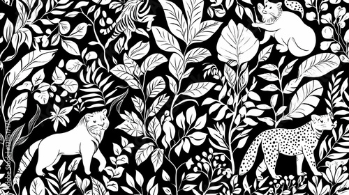 Black and white jungle animals and leaves seamless pattern, nature background for textile print photo