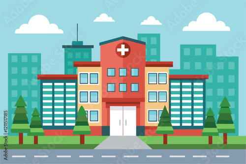A bright hospital building stands at the forefront of a bustling urban landscape Hospital building Customizable Disproportionate Illustration