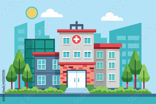 A colorful hospital building with a red cross and surrounding greenery in a vibrant urban setting under a clear sky Hospital building Customizable Flat Illustration