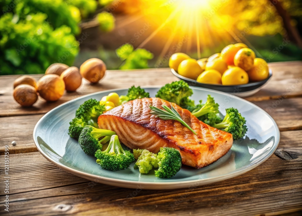 Grilled salmon, roasted potatoes, and broccoli: a simple, delicious summer meal. Grilled salmon, roasted potatoes, and broccoli: a simple, delicious summer meal.