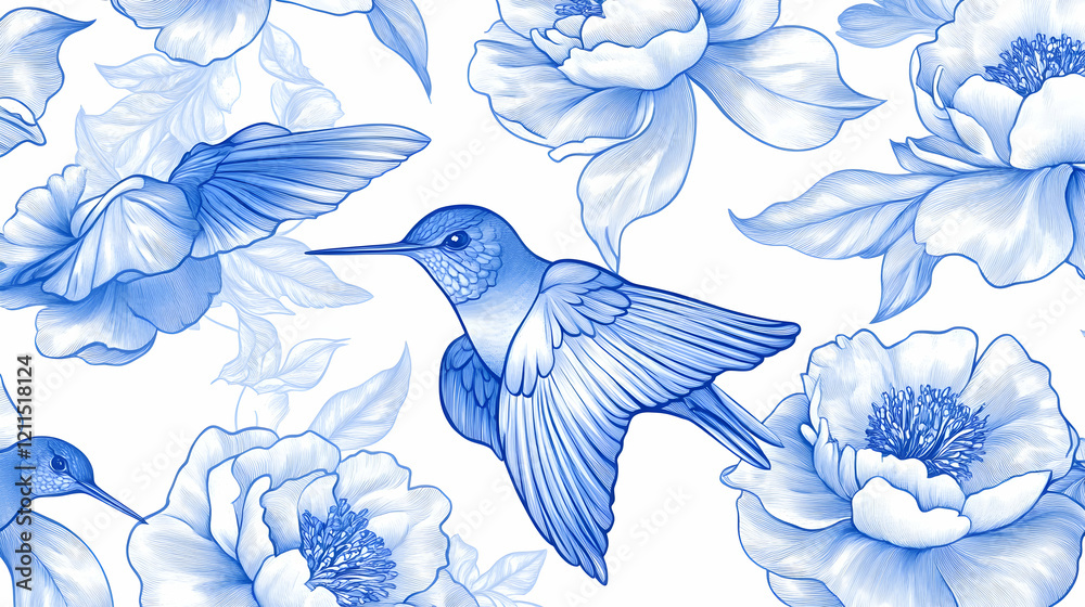 Fototapeta premium Blue hummingbirds and peonies floral pattern, nature background, textile design
