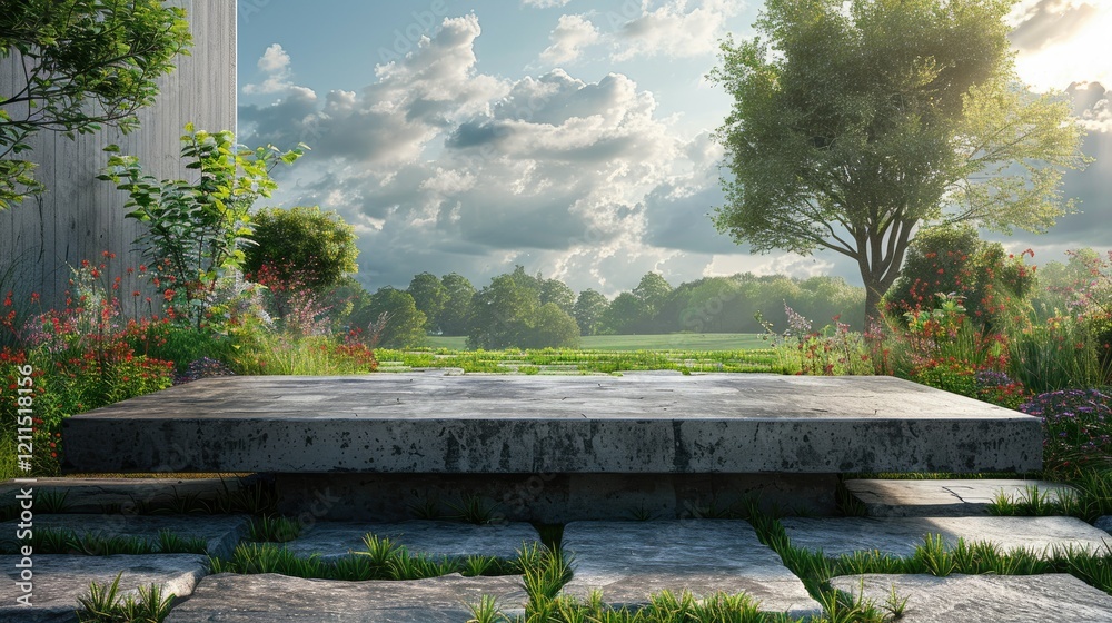 A serene outdoor scene featuring a stone platform surrounded by lush greenery and flowers. A serene outdoor scene featuring a stone platform surrounded by lush greenery and flowers.