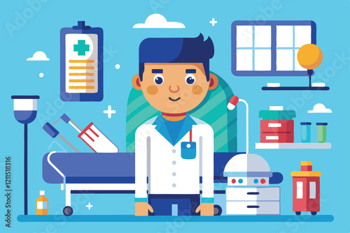 A patient stands beside a hospital bed, surrounded by medical tools and cheerful decor in a recovery room Hospital patient Customizable Flat Illustration