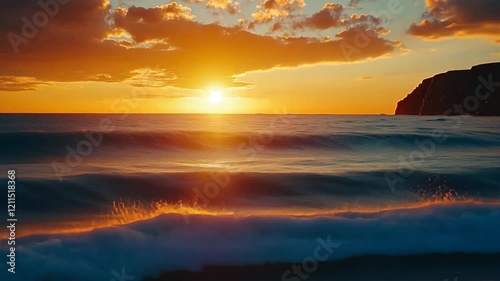As the sun begins to set, the vibrant, golden hues illuminate the ocean waves, transforming the beach into a breathtaking display of nature's exquisite beauty