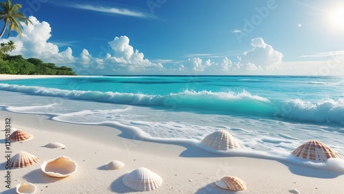 Tranquil Tropical Beach Scene with Turquoise Waters and White Sand photo