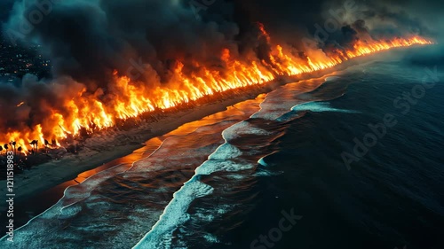 A wildfire has swept through the coastal forest, leaving behind a striking visual impact as the flames rage on, contrasting sharply with the serene ocean along the shoreline