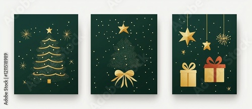 Green Christmas Tree with Present Gift Set, Holiday Backdrop Art, Festive Wallpaper Concept for Greeting Card and Seasonal Design