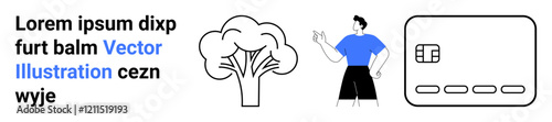 Male figure in blue shirt gesturing, large outlined tree, credit card, blue and black text. Ideal for finance, nature conservation, presentations, marketing, educational content web design