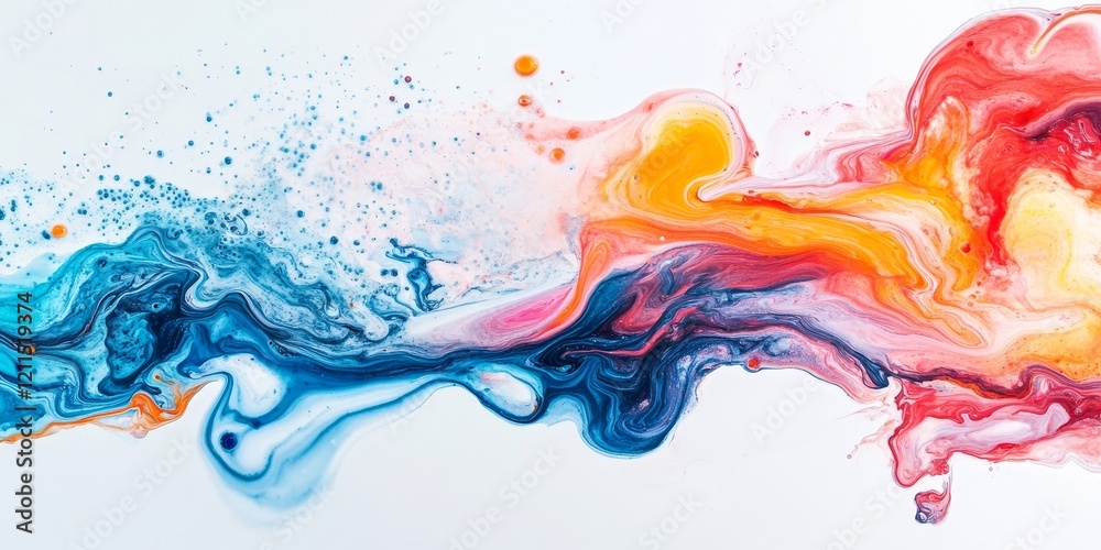 Abstract swirl of blue, orange, and red acrylic ink mixing in water on a white background, creating vibrant flowing patterns and textures. Abstract swirl of blue, orange, and red acrylic ink mixing in water on a white background, creating vibrant flowing patterns and textures.