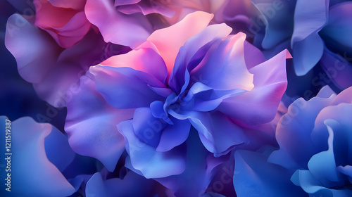 Close-up vibrant blue and pink flowers, soft lighting, blurred background, ideal for website banners or phone wallpapers