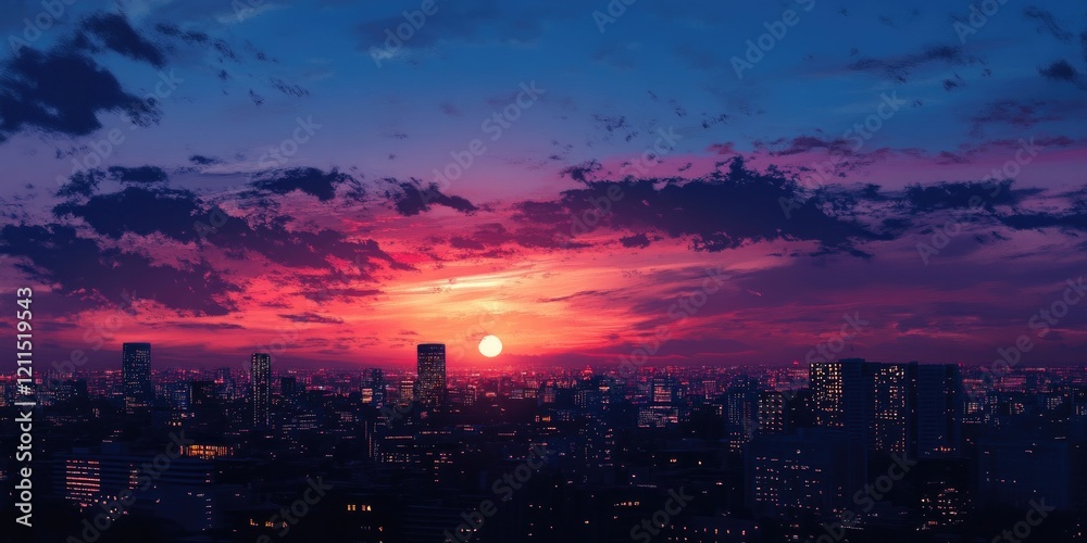Obraz premium Twilight skyline over an urban landscape featuring vibrant pink, purple, and blue hues with a setting sun at center and city lights below.