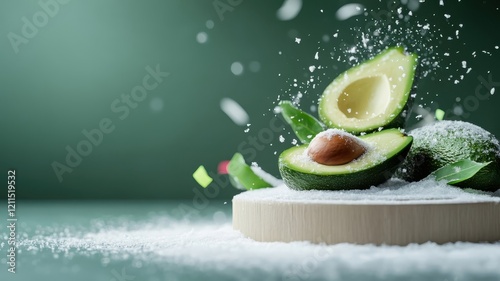 An avocado on a snow-covered podium with swirling confetti, capturing the charm and elegance of a winter celebration. photo