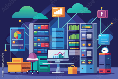 A workstation displays graphs while servers organize backup and data analysis equipment in a tech-focused office hosting backup and data analysis