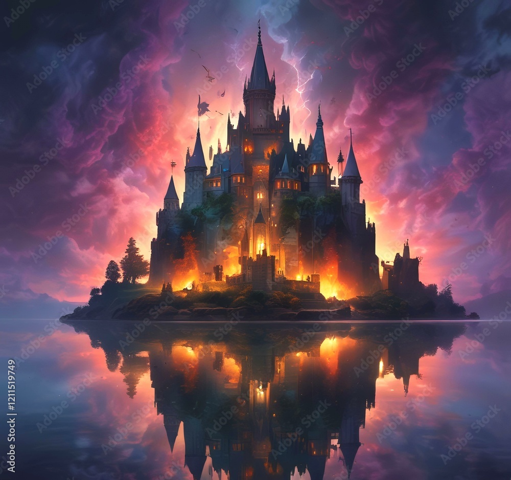 Naklejka premium Illustration of glowing mystery tower castle in night.