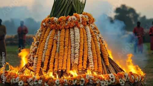 The harvest festival is celebrated with great enthusiasm, featuring a traditional bonfire surrounded by an array of vibrant flowers in an open field as the sun sets