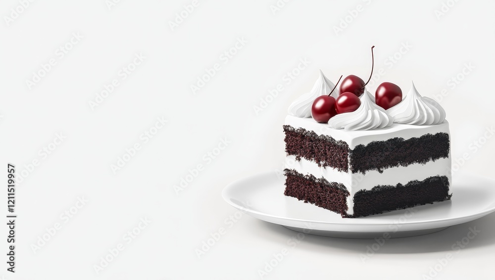 Delicious chocolate cake slice with cherries and cream on a white plate. Delicious chocolate cake slice with cherries and cream on a white plate.