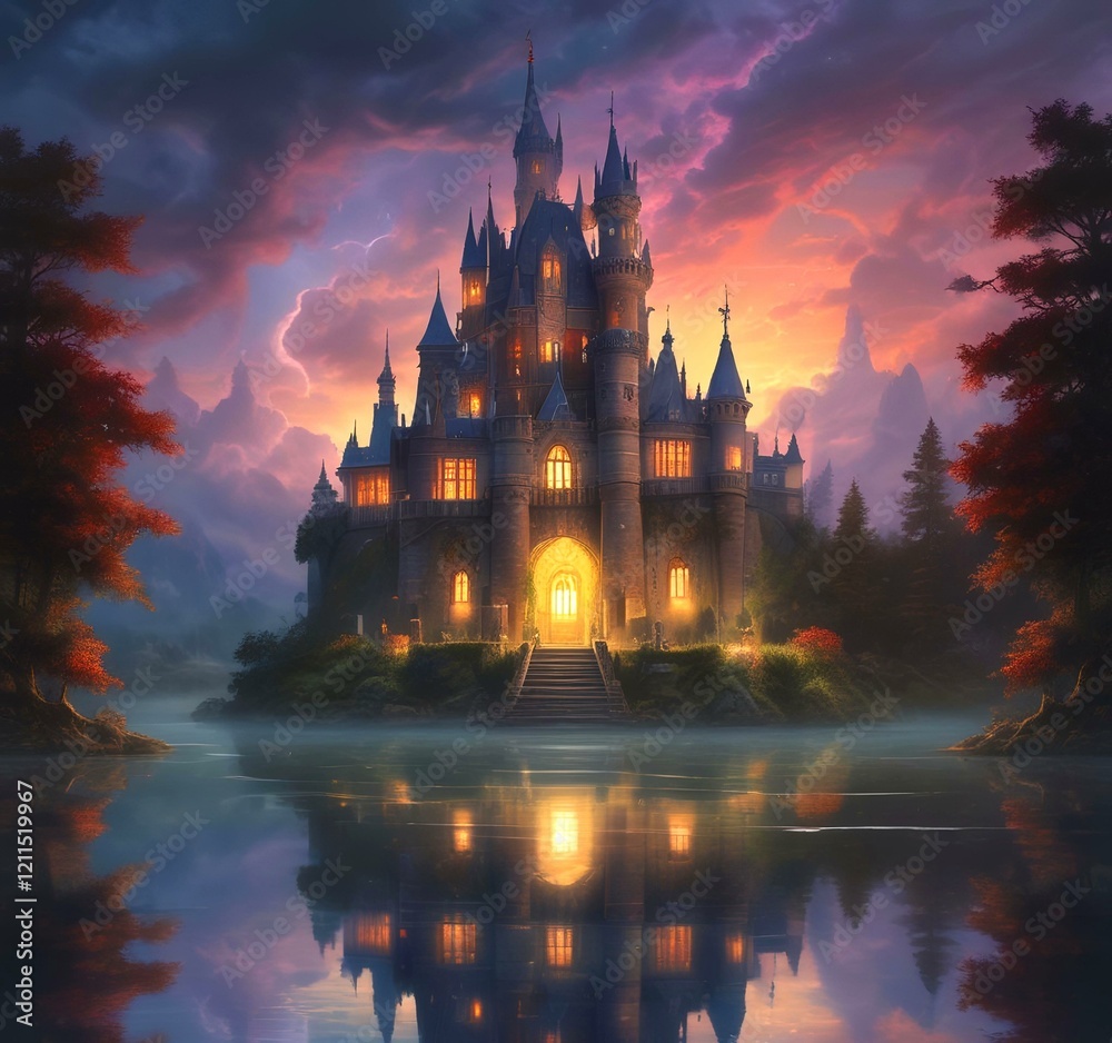 Obraz premium Illustration of glowing mystery tower castle in night.