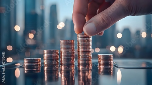 Hand Stacking Coins on Reflective Surface with Urban Background and Blurred Skyline Lights