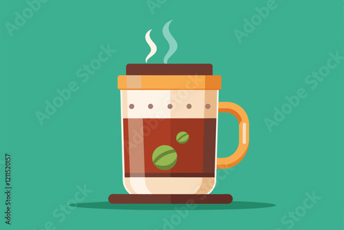 A vibrant hot beverage sits in a glass mug, featuring steam and green coffee beans on a solid background Hot beverage Customizable Semi Flat Illustration