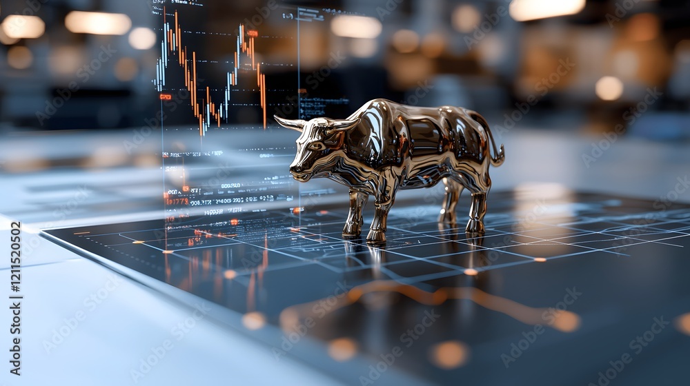 Fototapeta premium Golden Bull Figurine on Stock Market Chart with Data Visualization in Modern Office Environment